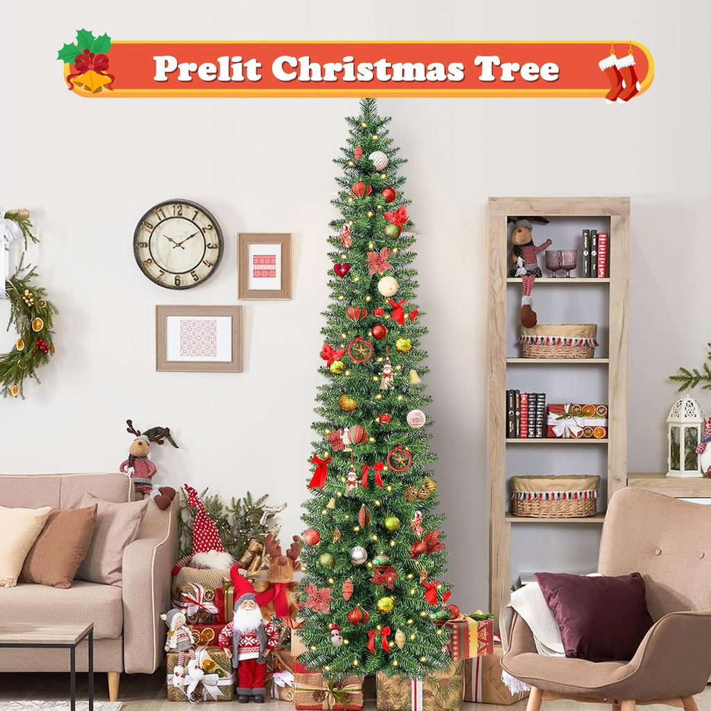 Green Pencil Artificial Christmas Tree Pre-Lit with Warm Lights, Slim Xmas Tree
