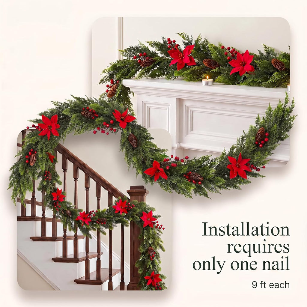 9FT Artificial Christmas Cedar Garland with Poinsettia,Pinecones