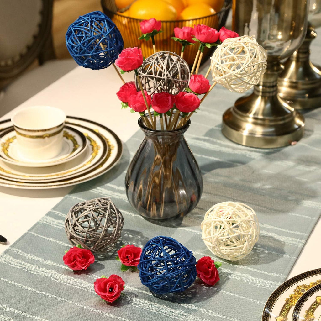 Wicker Rattan Decorative Balls Vase Filler, Blue Gray White - Set of 6