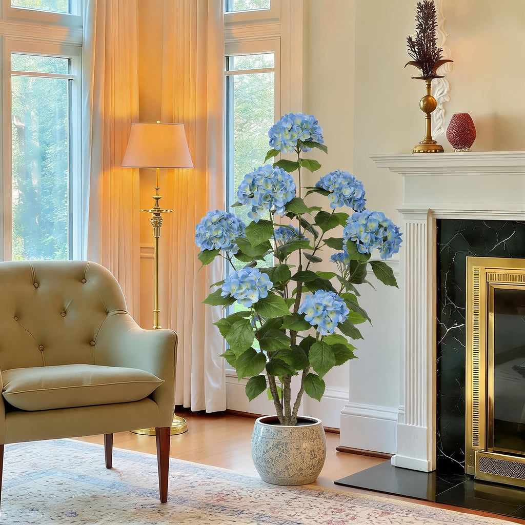 4FT Real Touch Faux Hydrangea Tree Outdoor, 2 Pack Blue Hydrangea Tree Artificial with Vibrant Blooms, Faux Hydrangea