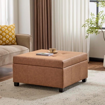 Lorel Faux Leather Square Storage Ottoman Coffee Table, Wooden Ottoman with Storage, Entryway Modern Ottoman Foot