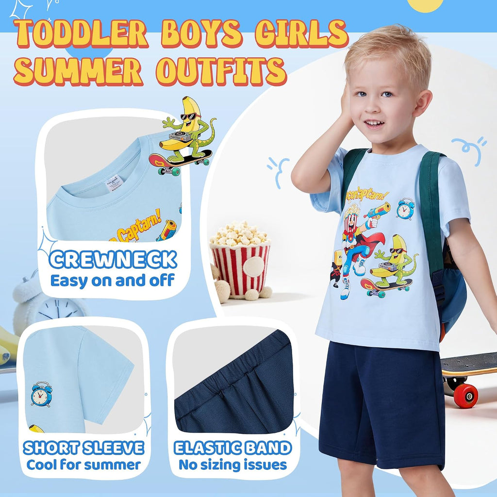 Toddler Boy Summer Clothes Outfit, Cotton Stretch Tee and Shorts, Ages 4-7