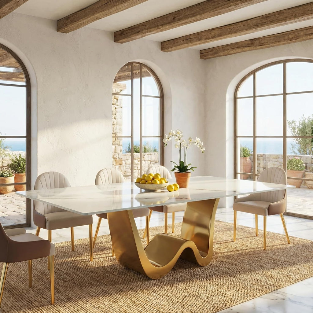 78.74" Sintered Stone Dining Table for 6-8, Modern Luxury White & Gold Rectangle Kitchen Table with Stone Slate