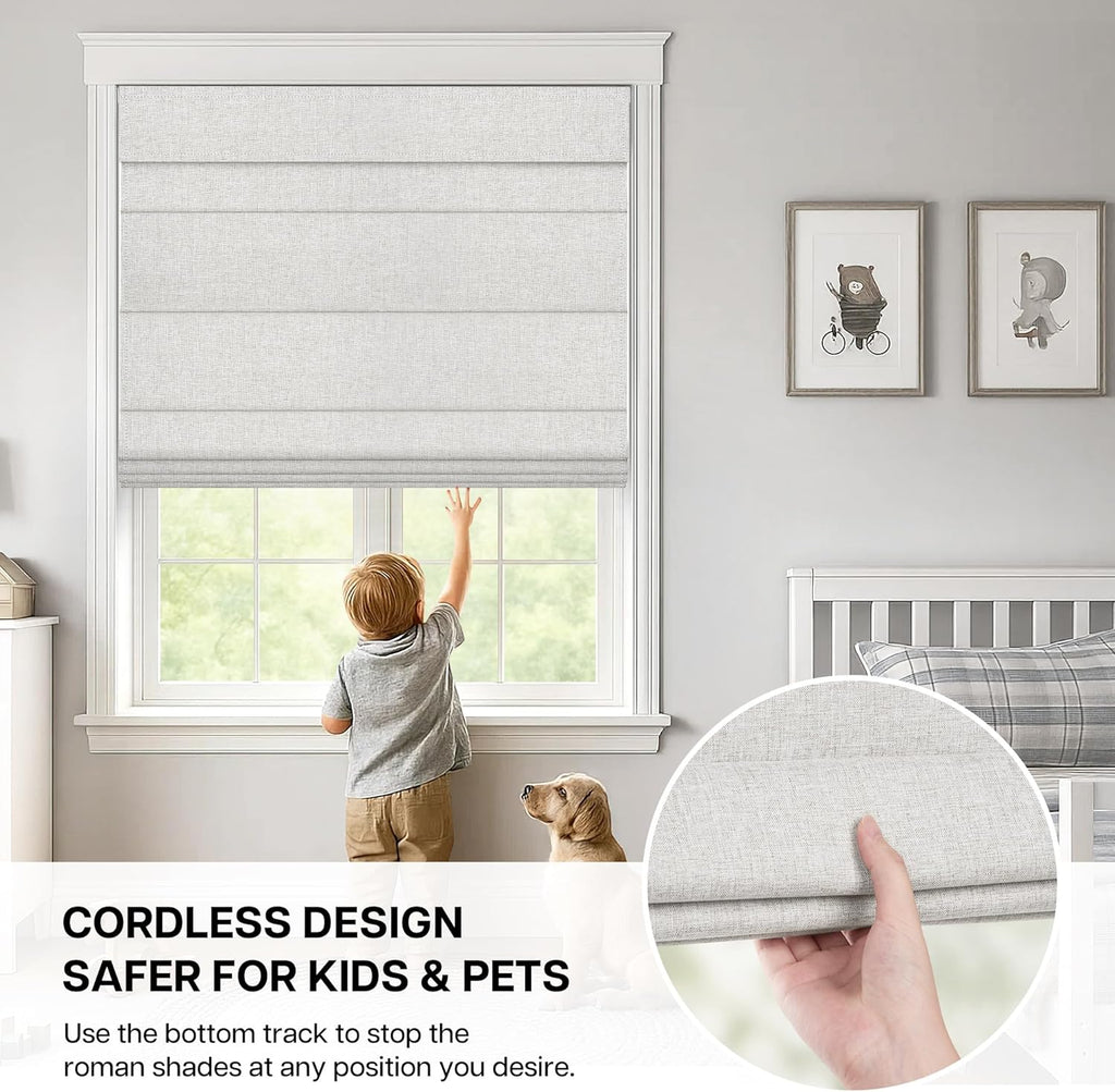No Drill Roman Shades, Blackout, 34" W x 64" H, Natural | Cordless Blackout Window Shades with UV Protection