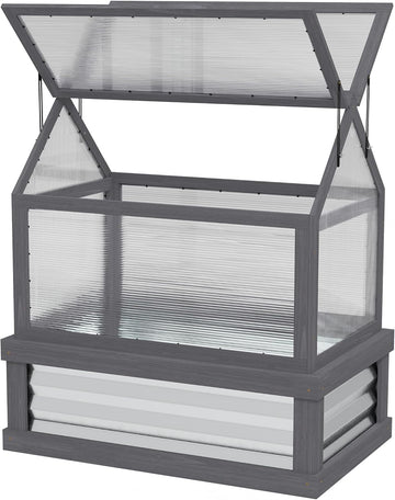 Raised Garden Bed with Greenhouse, Wooden Cold Frame Planter Kit, 35.5"x22.5"x38.25", Gray - Outdoor Plant Protector