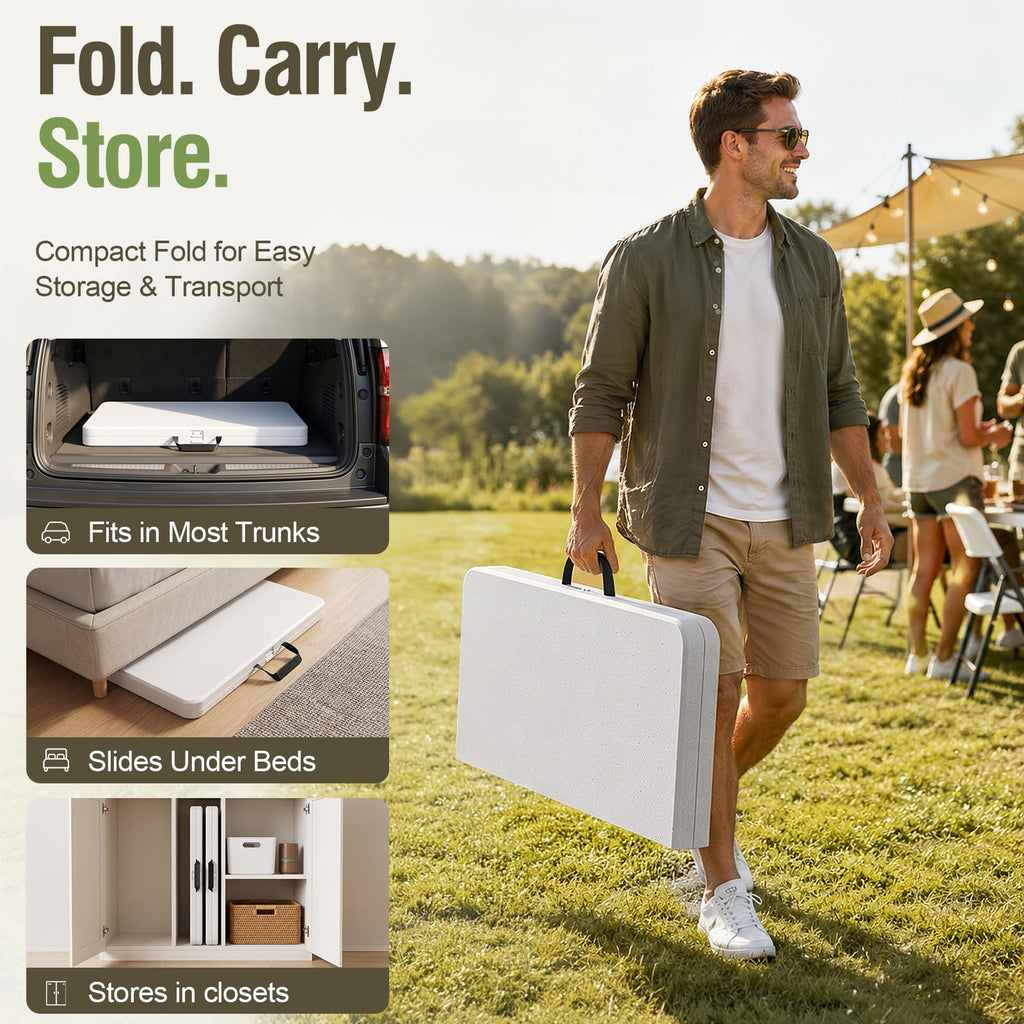 Table and Chairs Set for 5, 36 Inch Foldable Plastic Table with Carry Handle & 4 White Folding Chairs, Portable