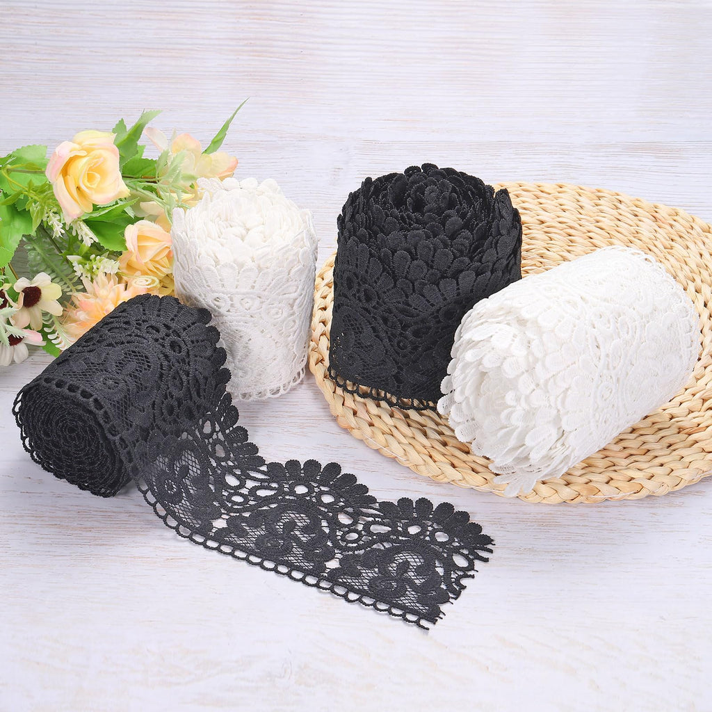 4 Inch Wide 5 Yard Lace Ribbon Floral Pattern Black Lace Trim Ribbon for Sewing Making, and DIY Crafts, Gift