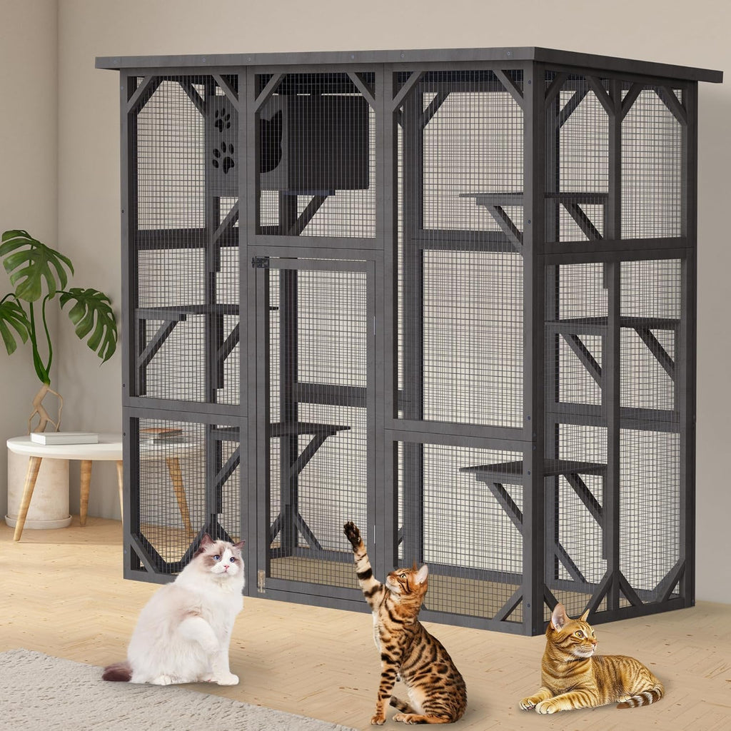 63Inches Cat House, Large Outdoor Wooden Cat Enclosure w/Resting Box