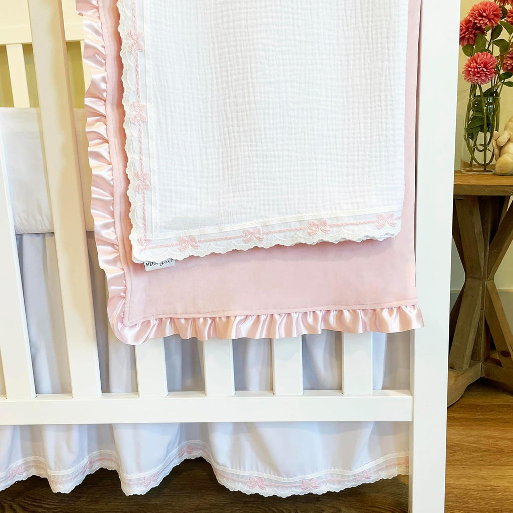 Baby Girl Blanket - Heirloom Collection - White with Pink Bows, 100% Cotton, in The USA (Crib: 30 x 51)