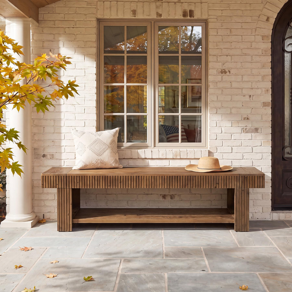 71 Inch Fluted Solid Wood Entryway Bench with Storage Shelf, Rustic Farmhouse Wood Shoe Bench, Long Console Bench