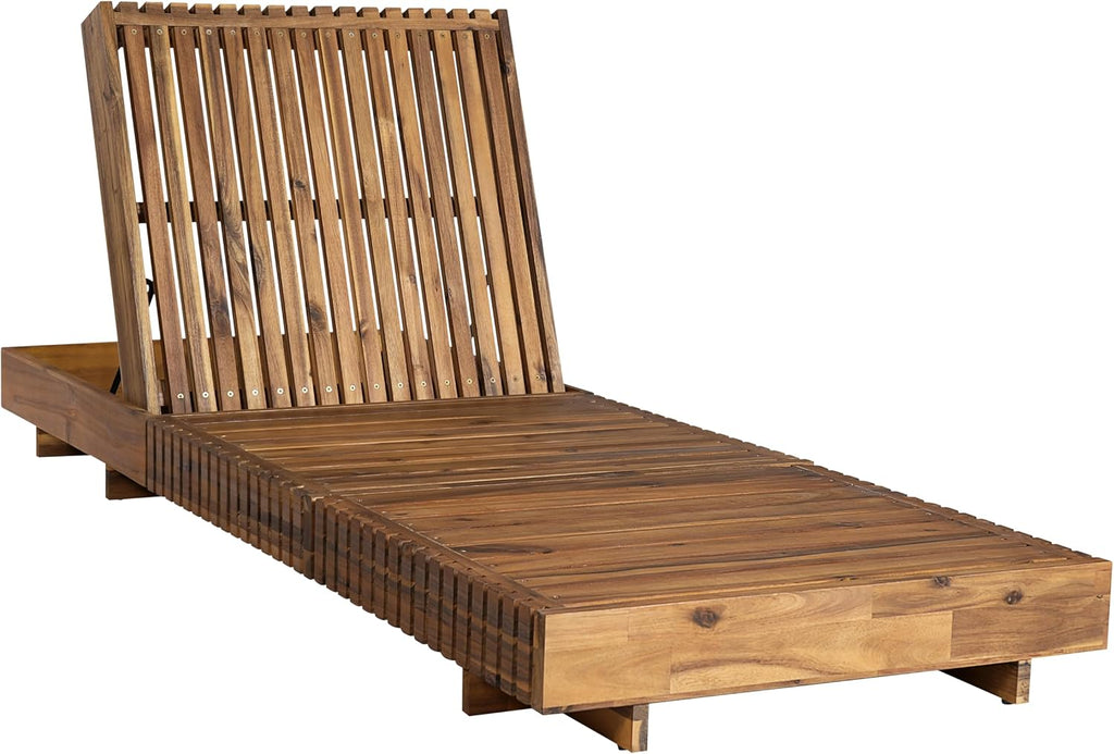 Outdoor Chaise Lounge Chair, Patio Lounge Chair, Solid Acacia Wood Pool Lounger, 6-Position Adjustable Backrest