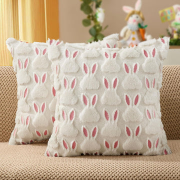 Easter Pillow Covers 18x18 inch Easter Decorations Pink Ears White Rabbit Soft Plush Faux Fur Jacquard Throw - Set of 2