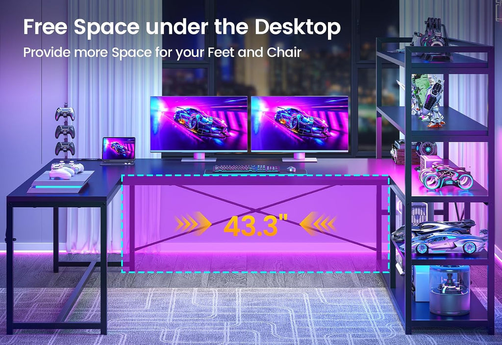 L Shaped Gaming Desk, 63'' Reversible Computer Desk with Power Outlet and Storage Shelves, Corner Gaming Desk with