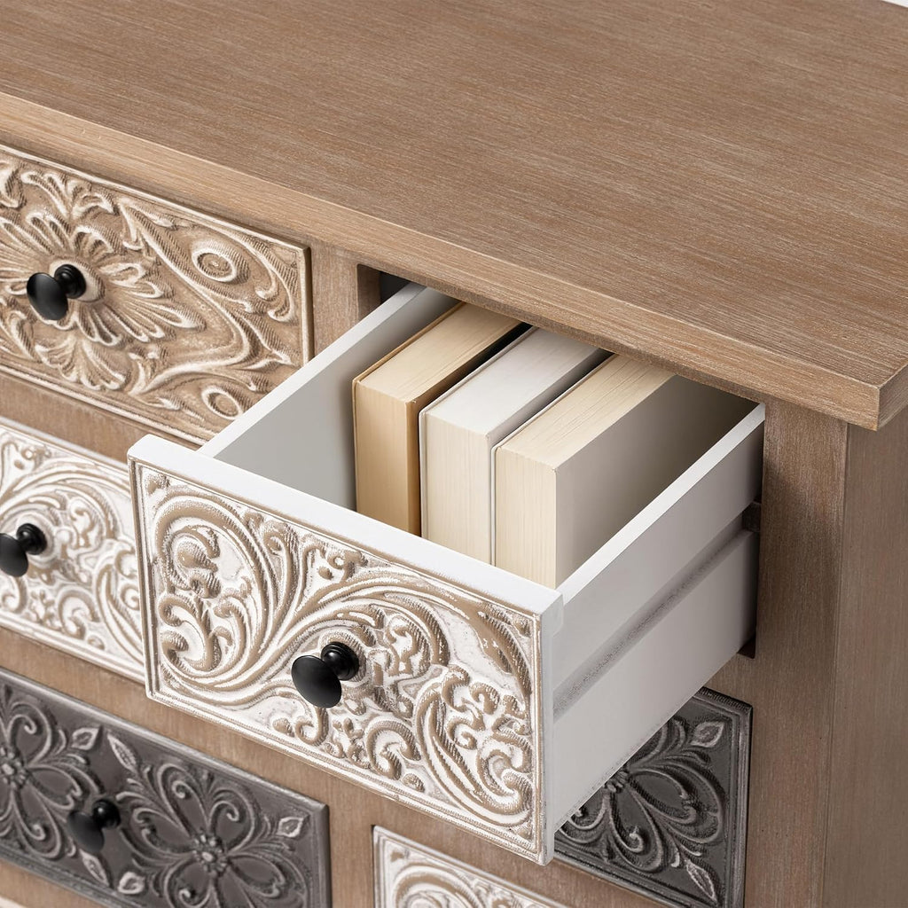 Vintage Accent Cabinet with 8 Hand-Carved Drawers, Boho Rustic Wood Storage Chest, Fully Assembled Distressed