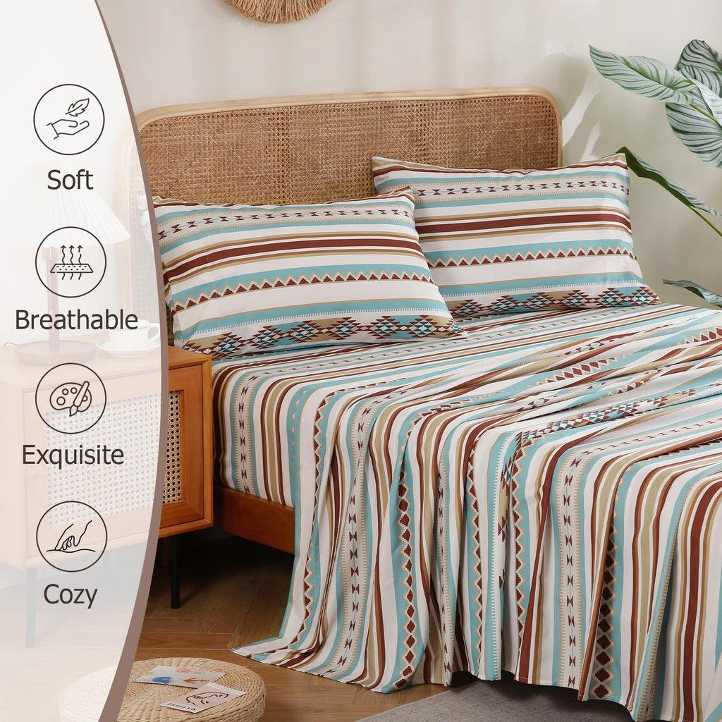 4 Pieces King Sheet Set Bohemian, Boho Sheets Soft Microfiber Deep Pocket, Western Sheets Geometric(King, Colorful