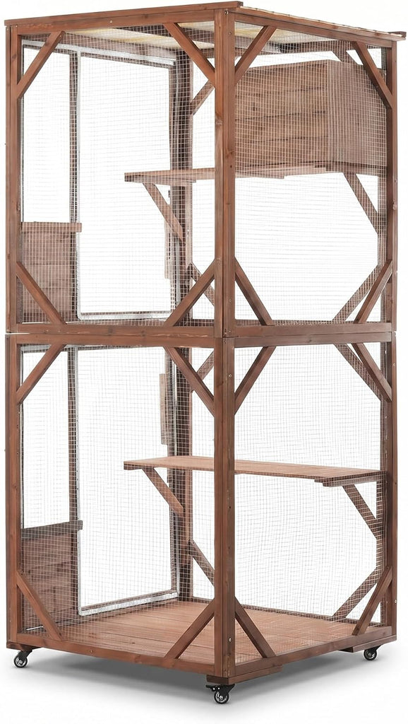 Cathy Large Outdoor Cat Enclosure on Wheels, Weatherproof Cat Playpen with Predator-Proof Wire Mesh, Walk-in Cat