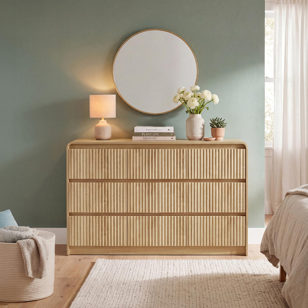9 Drawer Dresser, 55" Wide Wooden Dresser Chest of Drawers, Curved Anti-Collision & Anti-Tipping Design, Mid Century