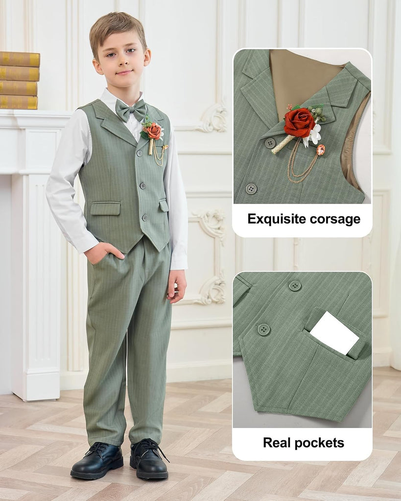 Boys Dress Clothes Piece Formal Suit Set, Vest, Pants, Dress Shirt, Bowtie and Boutonniere Kids Wedding Outfit