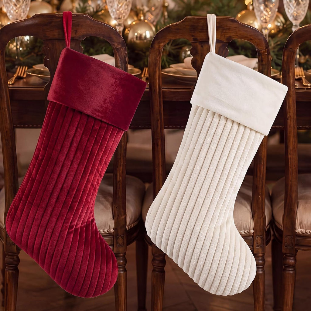 4 Christmas Stockings Set 19 Inch Velvet Quilted Stocking, Red,White