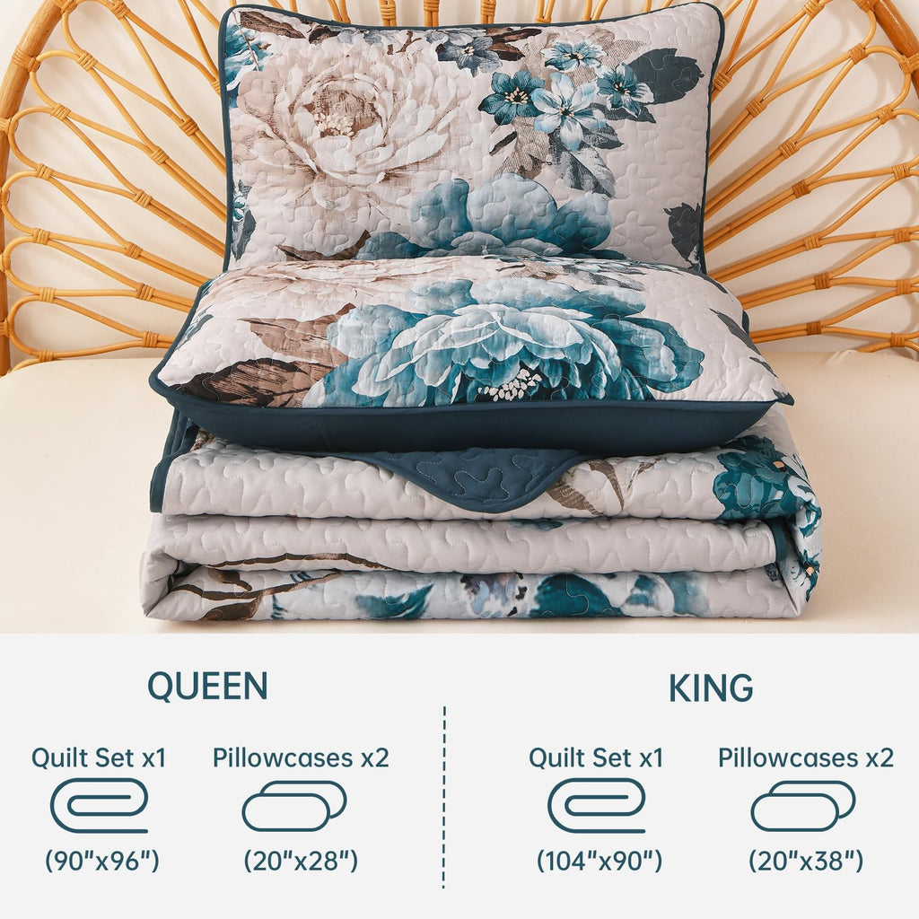 Quilt, 3 Pcs Aqua Floral Bedspread Bedding Set