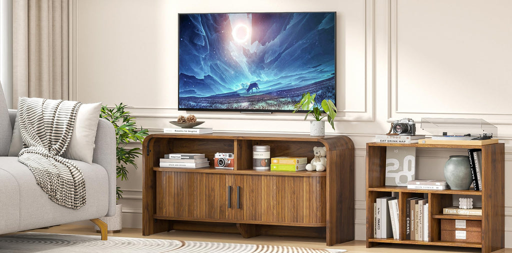 Small TV Stand, Low Fluted TV Console for 40 43 Inch, Mid Century Modern Entertainment Center with Sliding Doors