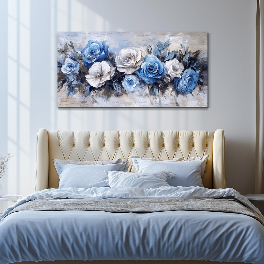 Floral Wall Art, Large Wall Art, Botanical Wall Decor, White Blue Flower Blossom Print Artwork, Modern Elegant