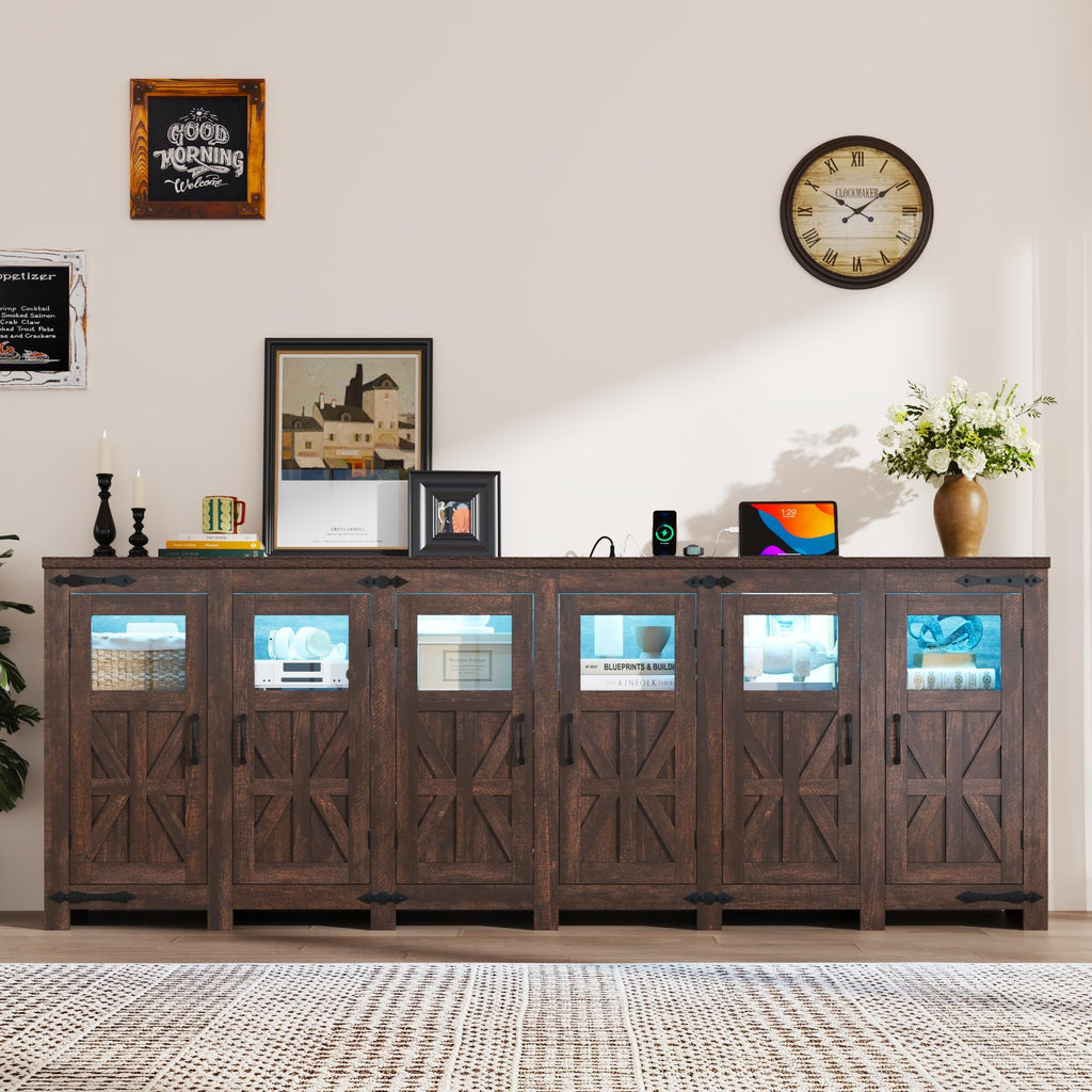 95" Large LED Farmhouse TV Stand for 100/90/80In TVs with Power Outlets, Tall Entertainment Center Storage