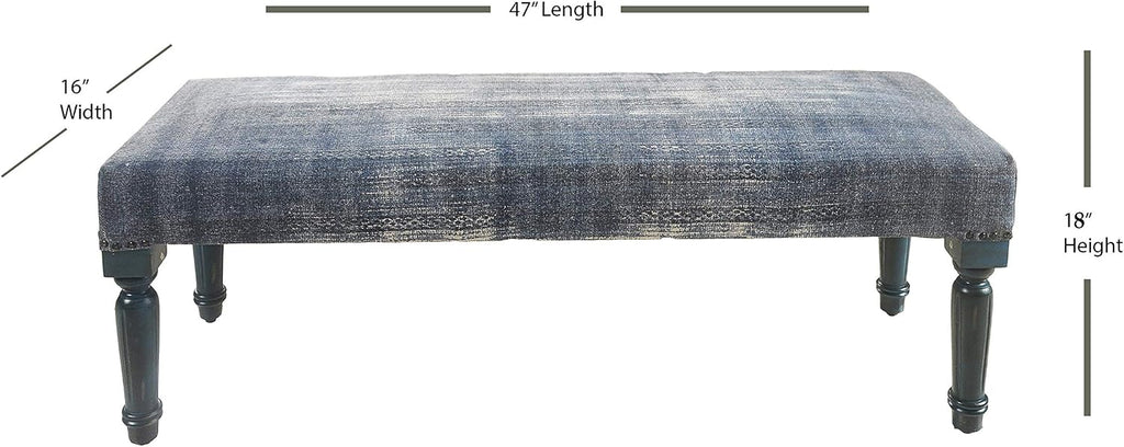 LR Home Blue Upholstered Bench End of Bed | Modern Distressed Accent Bench , or Hallway | 47" L x 16" W x 18" H