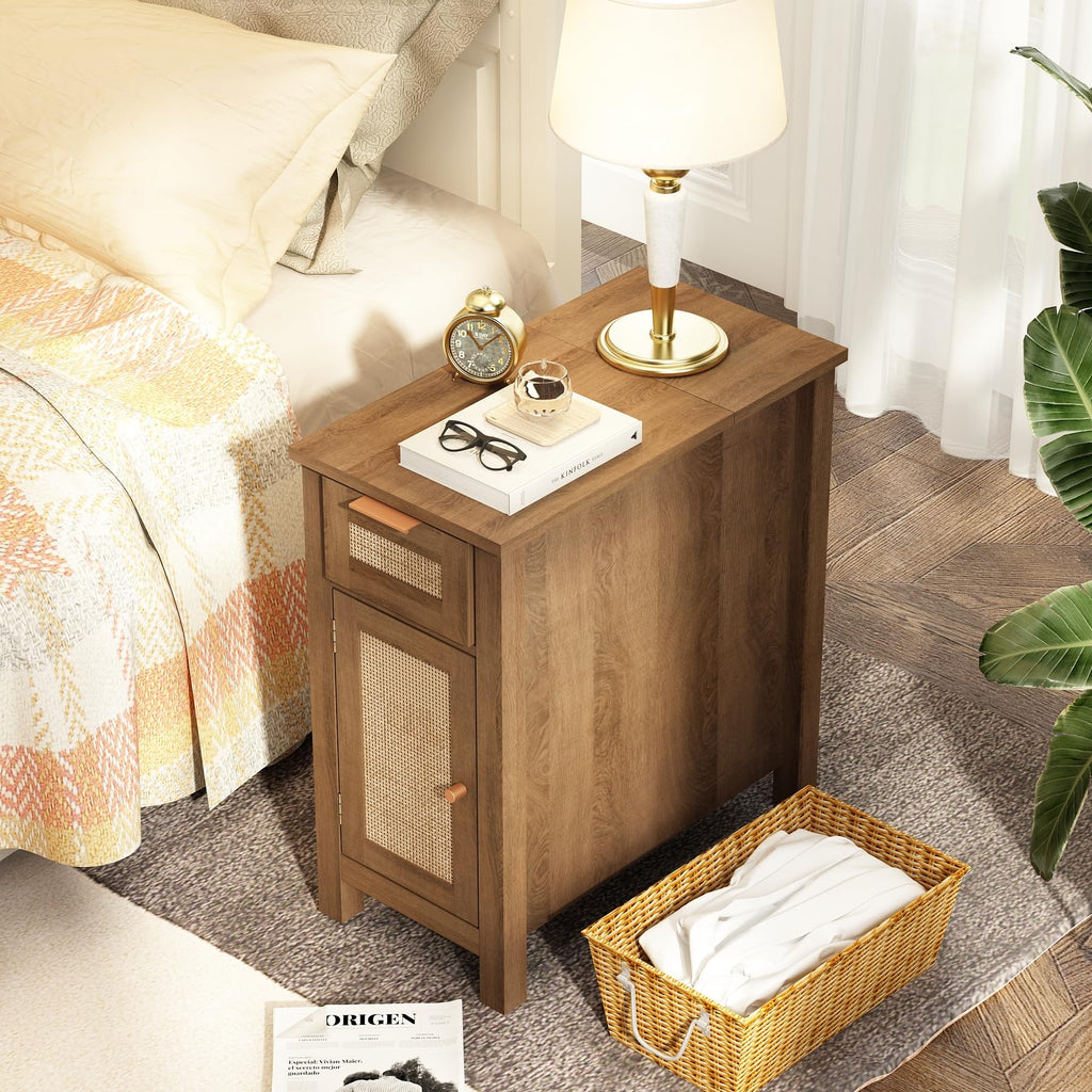 Narrow with Charging Station - Midcentury Rattan Slim Side Table with USB Ports and Power Outlets, Nightstand with