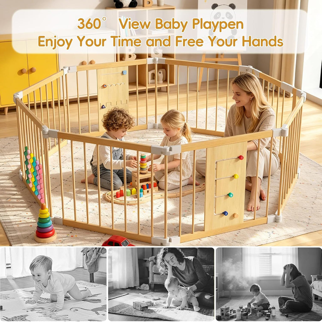 Foldable Wooden Baby Playpen, 58"x58"x24" Adjustable Shape & Size Playpen for Babies and Toddlers, Natural Pine Wood