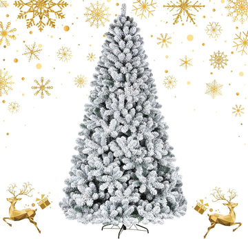 Snow Flocked Christmas Tree, Prelit Artificial Xmas Tree with 1500 Branch Tips and 550 Warm White Lights, Metal