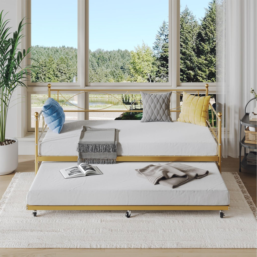 Metal Twin daybed with Trundle with Steel Slat Support