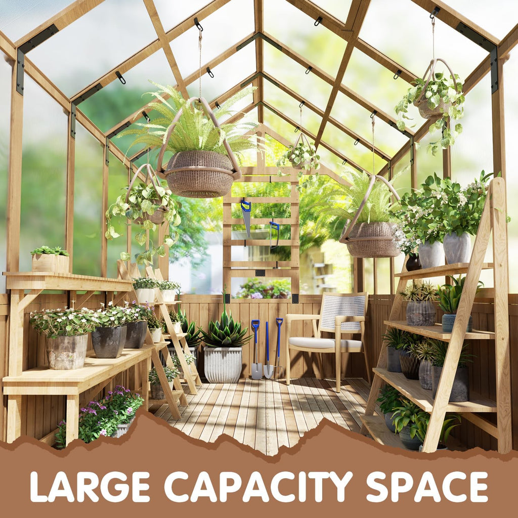 6x12FT Greenhouse ,Wooden Green House for Outdoors with Natural Wood Frame and Polycarbonate Panel, Walk-in