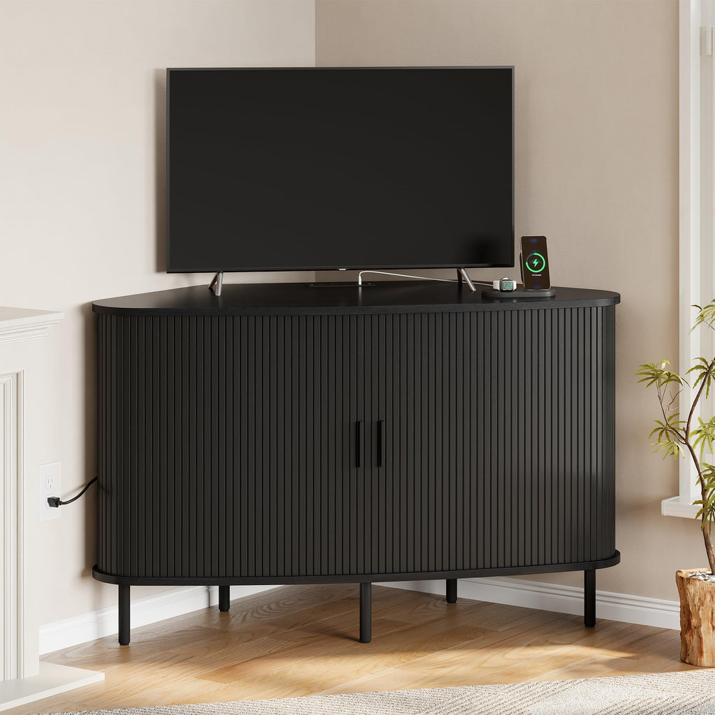 47" Corner TV Stand, Fluted TV Cabinet for 55 Inch TVs, Black
