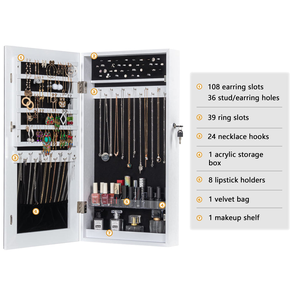 Lockable Jewelry Cabinet Armoire with Frameless Mirror - White