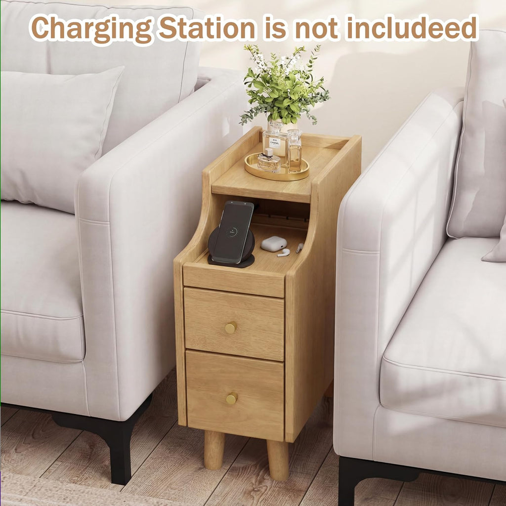 Narrow Solid Wood Nightstand with 2 Drawers & Pull-Out Tray, Natural