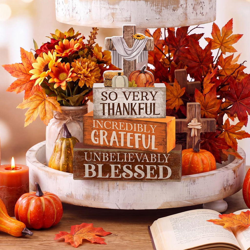 Fall Table Decoration Religious Cross Stacked Signs - Set of 4