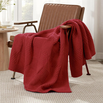 Checkered Knit Throw Blanket for Couch, Christmas Red, 50"x60"