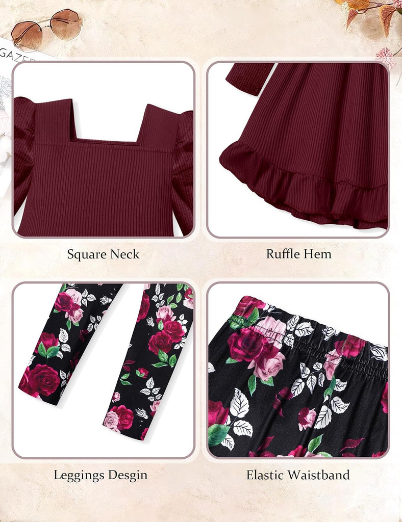 Toddler Girl Clothes Square Neck Ruffle Hem Long Sleeve Top Floral Print Leggings Fall Outfits Kids Clothing Sets