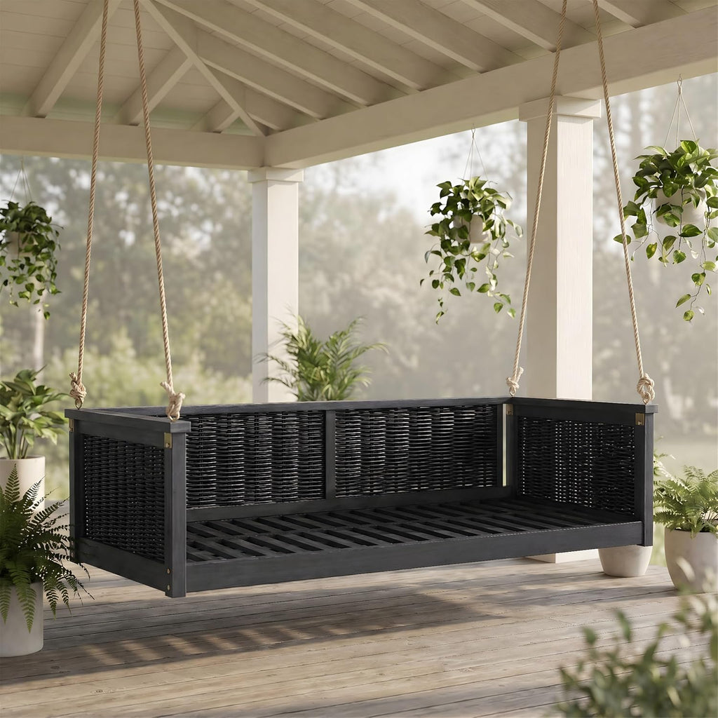 79.5" Acacia Solid Wood Porch Swing Bed Twin Size Rattan Hanging Daybed with Hemp Ropes, Garden Classic Patio