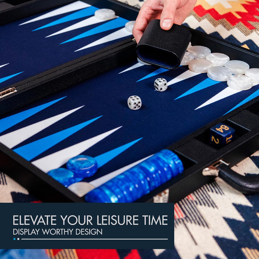 19 Inch Premium Backgammon Sets for Adults Leather Black - Blue. Premium 1.6 Inch Checkers & Dice Set, Travel