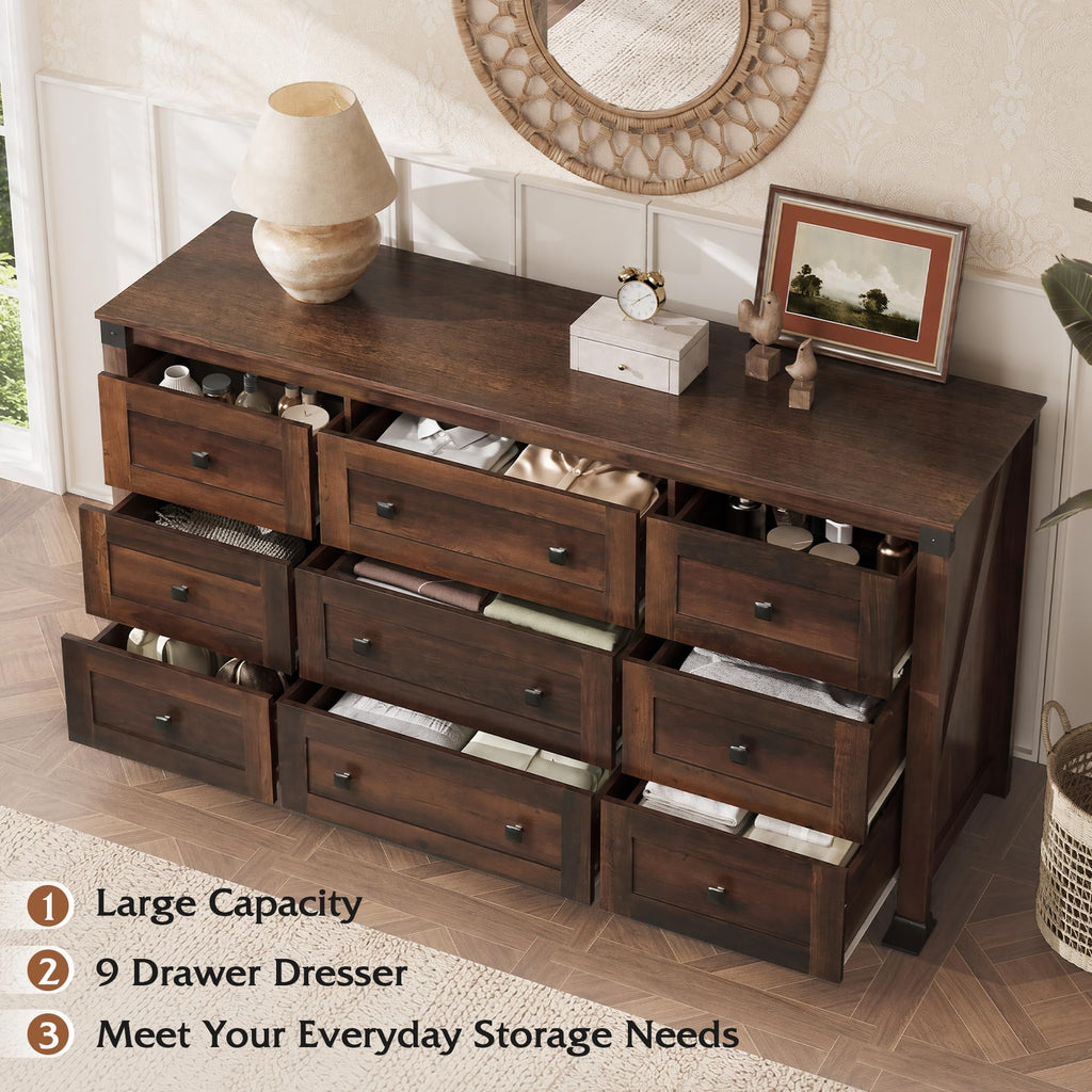 Brown Dresser, 9 Drawer Wooden Chest of Drawers with SGS-Tested Anti-Tip Design, 62 Inch Wide Rustic Dresser TV