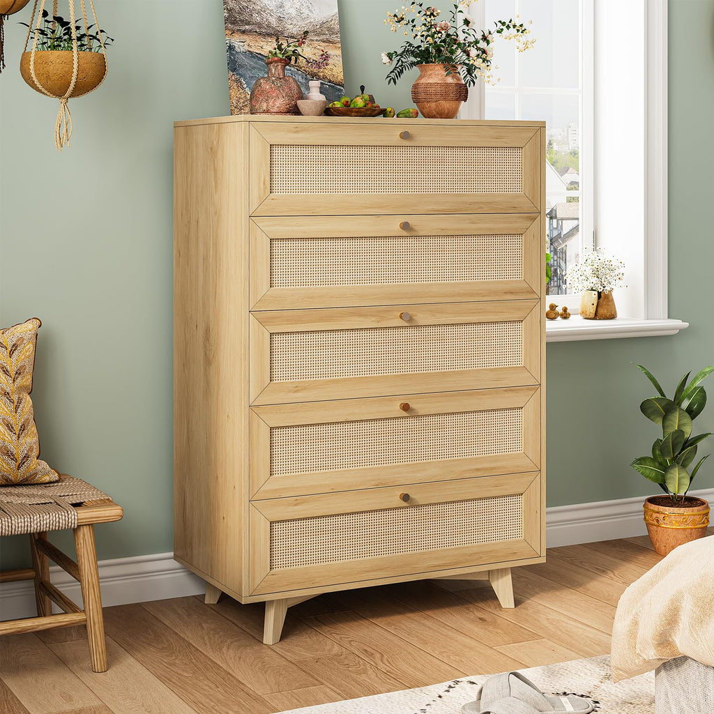 Rattan Dresser with 5 Drawer, Modern Double Wooden Tall Bedroom Dresser, Chest of Drawers with Metal Handle & Solid