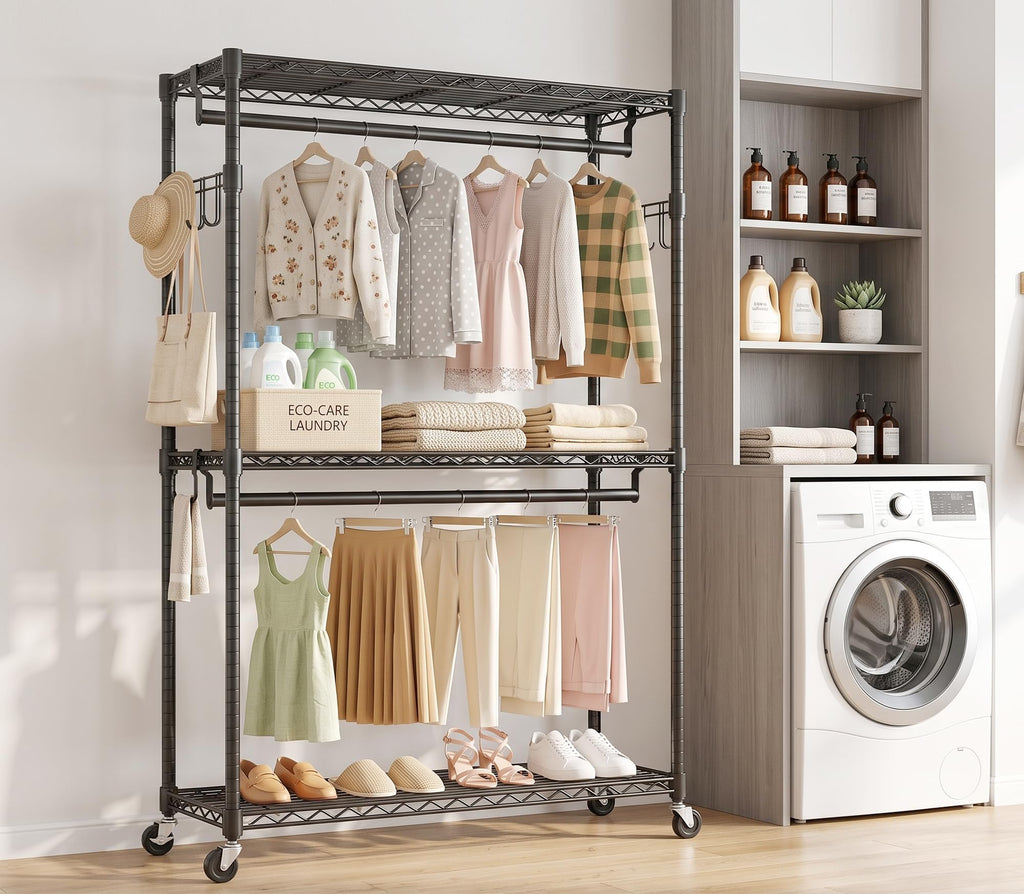 Clothes Rack, Rolling Rack 3 Tiers Adjustable Clothes Rack, Black