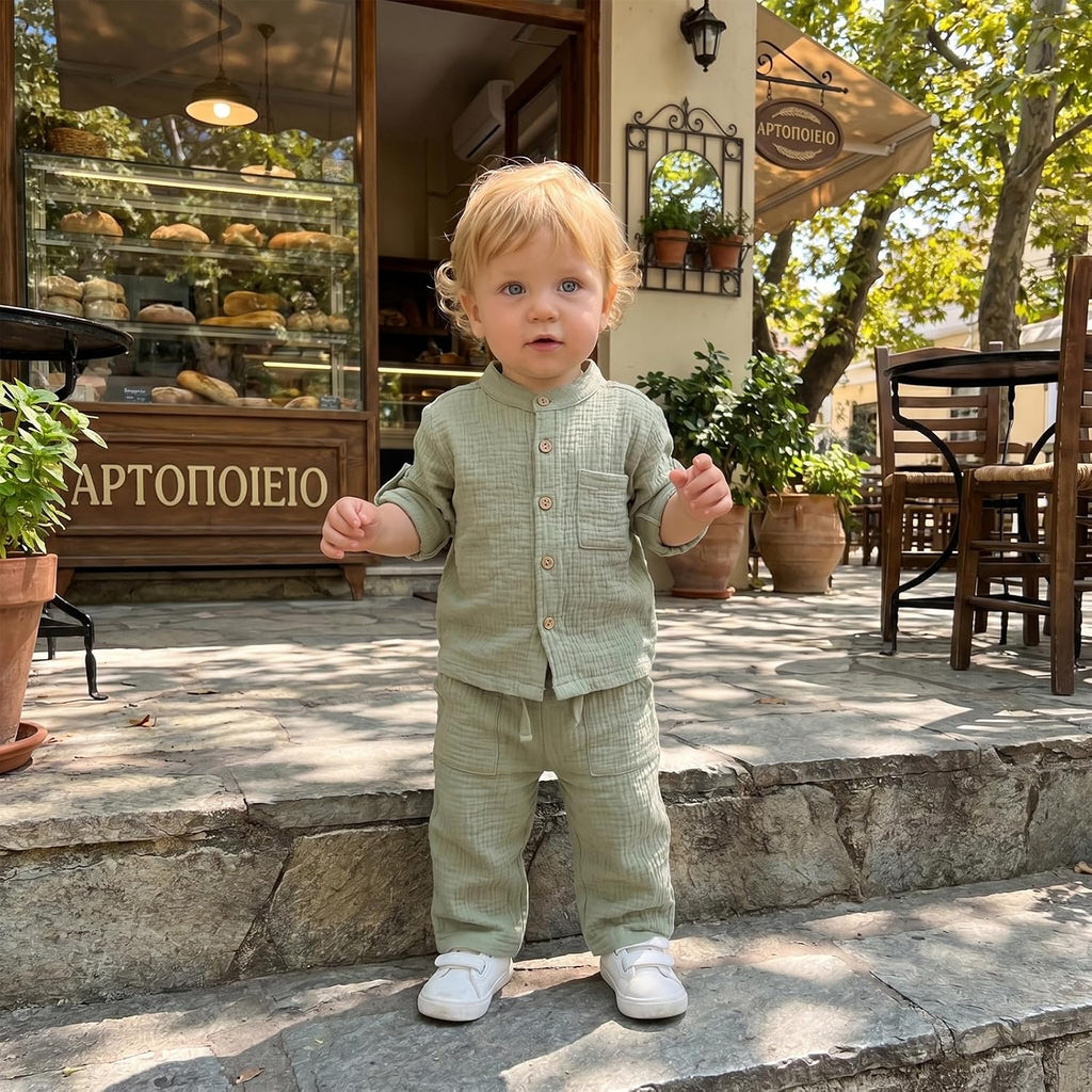 Baby Boy Cotton Linen Outfit Fall Winter Long Sleeve Button Down Henley Shirt Linen Pants Toddler Boys Clothes Set