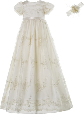 Baby Girls Newborn Christening Embroidered Gown Dress Outfit with Headband,0