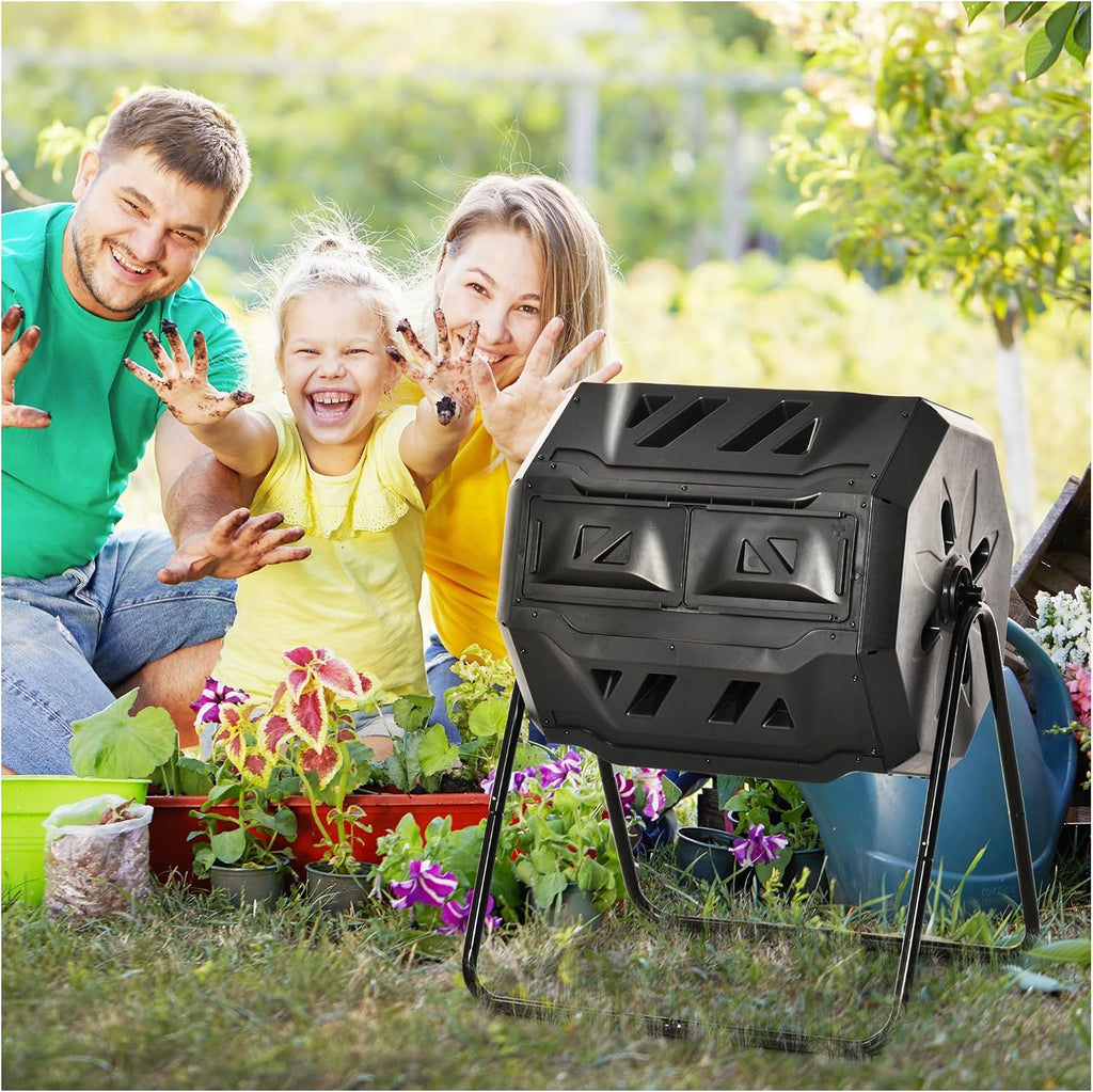 Compost Bin Outdoor Tumbler 43 Gallon, Rotating Composter Dual Chamber - Black