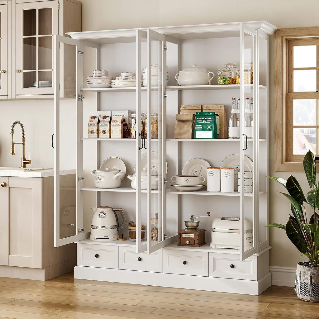 78" Tall Large Storage Cabinet with Glass Door, White Pantry | China Hutch, Farmhouse 4-Tier Display Cabinet with