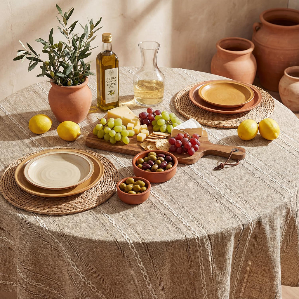 Light Coffee Round Tablecloth, 60×60 Inch, Farmhouse Style