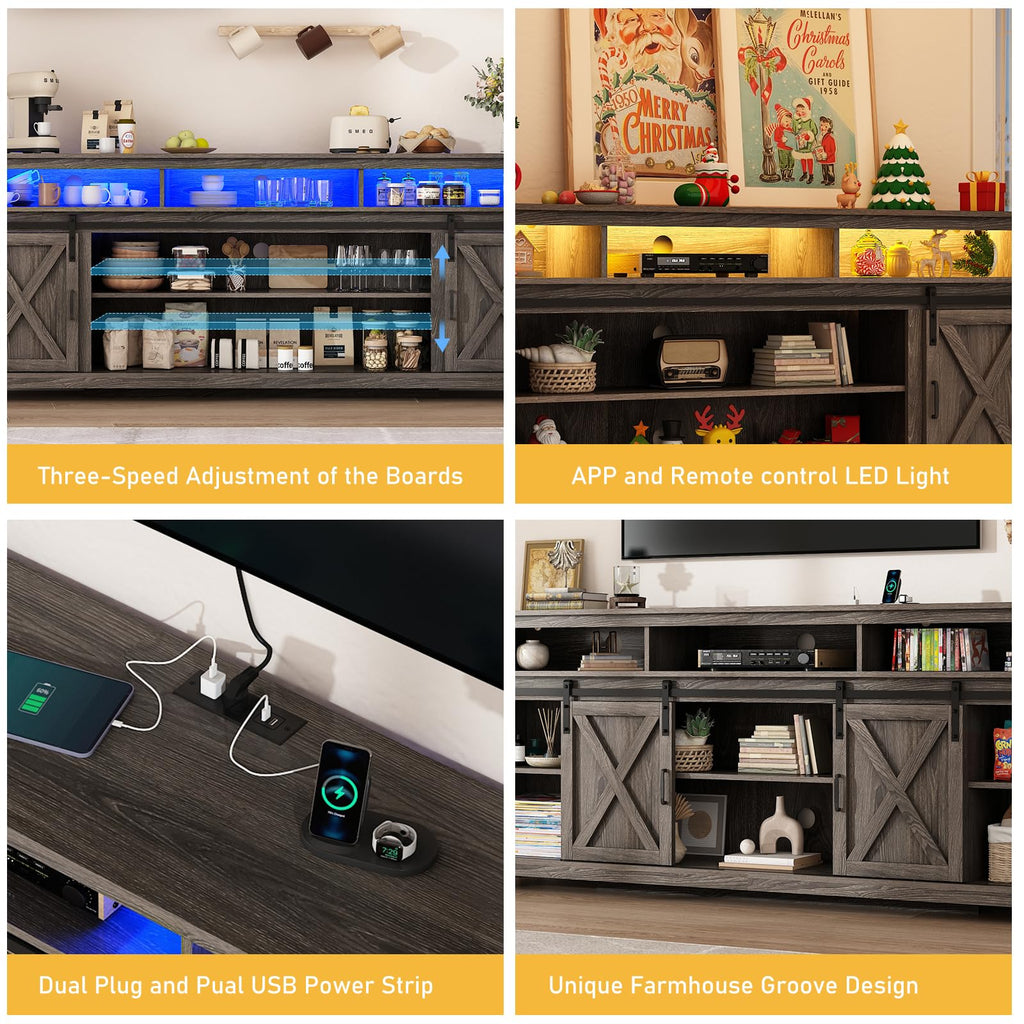 80" LED Farmhouse TV Stand for 90/85/80 Inch TVs, Tall Entertainment Center Storage Cabinets w/Power Outlets and